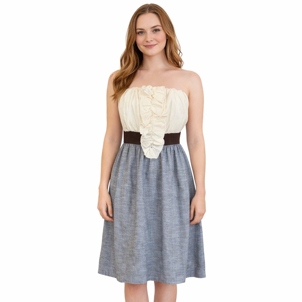 Paris Womens Strapless Ruffle Colorblock Midi Dress Blue Cream Brown‎ Size M